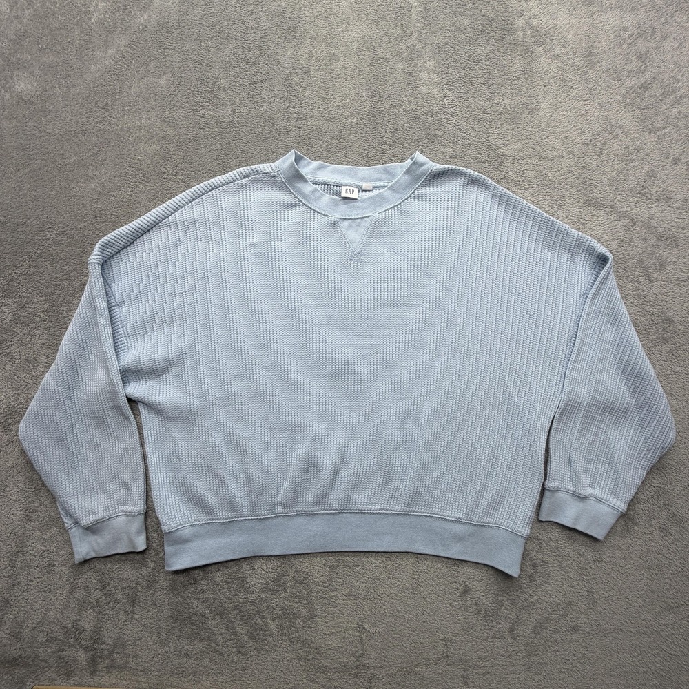Gap Sweatshirt Women XL Blue Pullover Waffle Knit Relaxed Oversized Cotton Blend